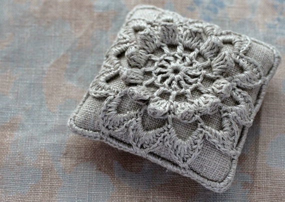 Linen  pincushion - crochet motif
