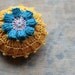 Linen pincushion - crochet motif