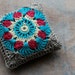 Linen pincushion - crochet motif