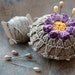 Linen pincushion - crochet motif -- purple flower