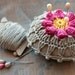 Linen pincushion - crochet motif -- fuchsia flower