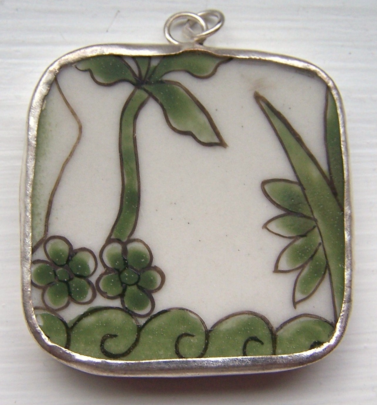 Ancient Ming Dynasty Pottery Shard Pendant ARMY GREEN FLOWERS