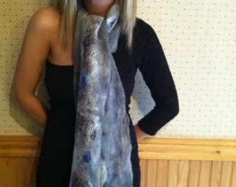 No.9 Nuno wet felted scarf - Blue gray cobweb with silk