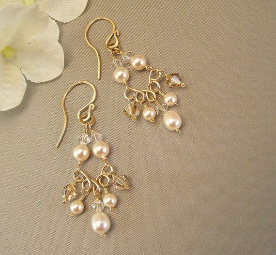 14K Gold Filled Chandelier Earrings Pearl and Crystal