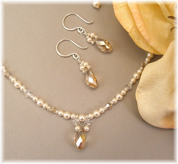Delicate Bridal Necklace and Earring Set Golden Weddings