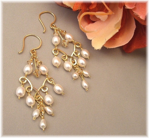 Items similar to Long Pearl and Crystal Chandelier Earrings, 14k Gold ...