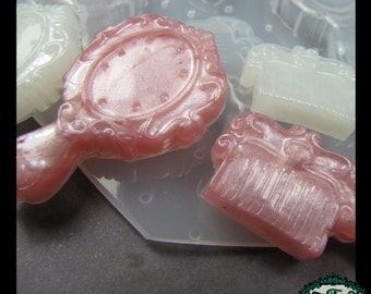 resin MOLD Decoden 4pc Brush/Comb & Mirror Set also for polymer clay, pmc, plaster, soaps, and candles
