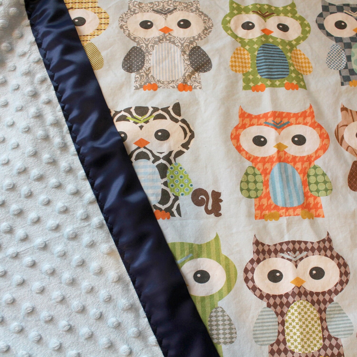 Owl minky blanket by PETUNIAS minky fabric satin edge