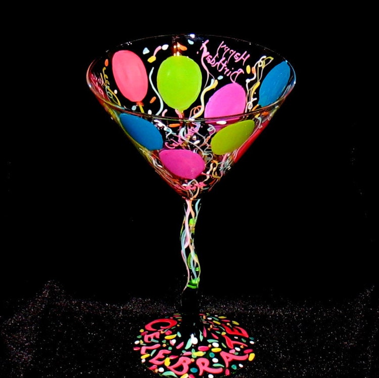 Hand Painted BIRTHDAY BALLOONS Martini Glass by THEGILDEDTOUCH