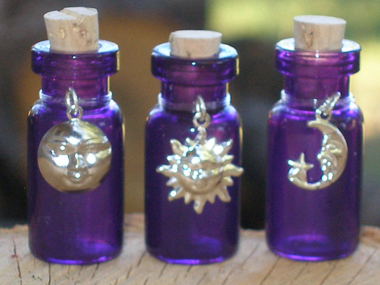 3 Purple Potion Bottles with Celestial by WillowMoonCreations