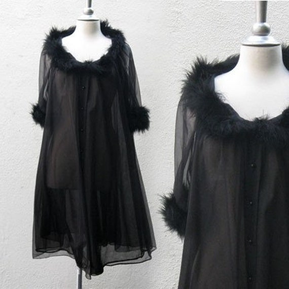 Black Chiffon Marabou Feather Trimmed Peignoir Robe Sz. M 1950