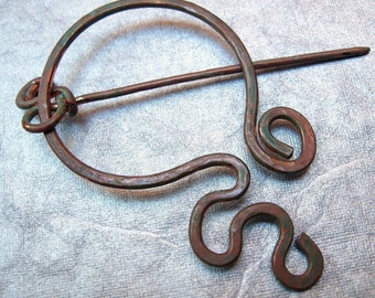 Copper Brooch penannular RiverDance Pin for Scarf and Shawl in verdigris finish
