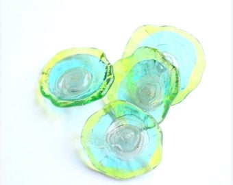 Fairy Wings glass ruffle disc set...blue, aqua and greens...Handmade lampwork glass beads by Marianna