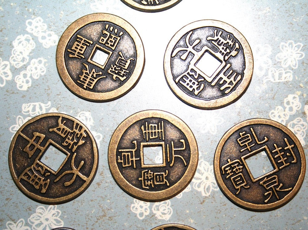 7 Large ASIAN COIN CHARMS SQUARE HOLE CENTER DESTASHING