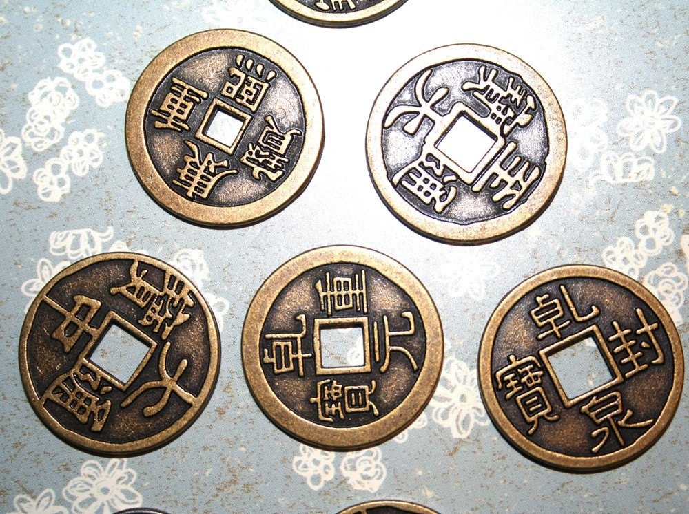 7 Large ASIAN COIN CHARMS SQUARE HOLE CENTER by Sweetkate on Etsy