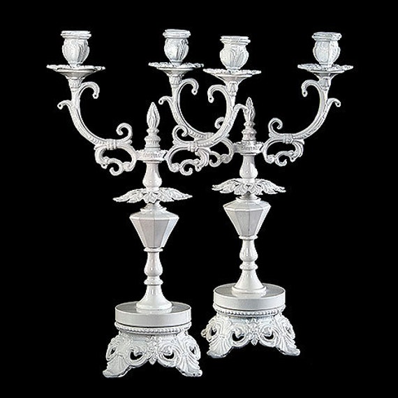 2 Gloss White Candle Holders Candleabras Baroque Goth by kyoob