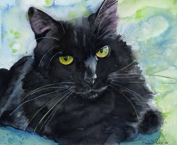 Black Cat Art  Painting PRINT Watercolor Rachel Parker Large