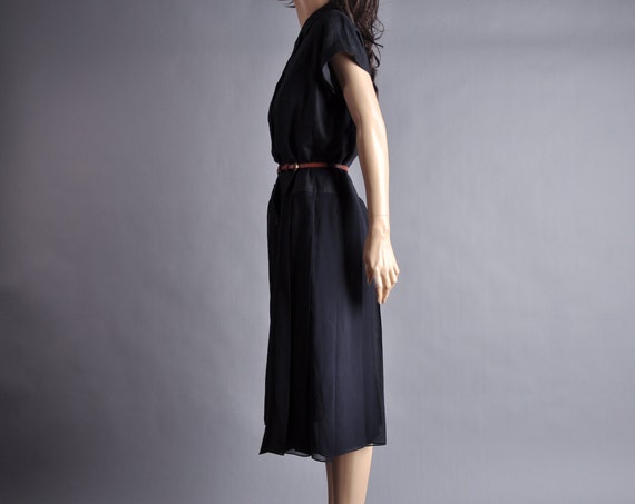 black linen pleated silk chiffon dress m/l