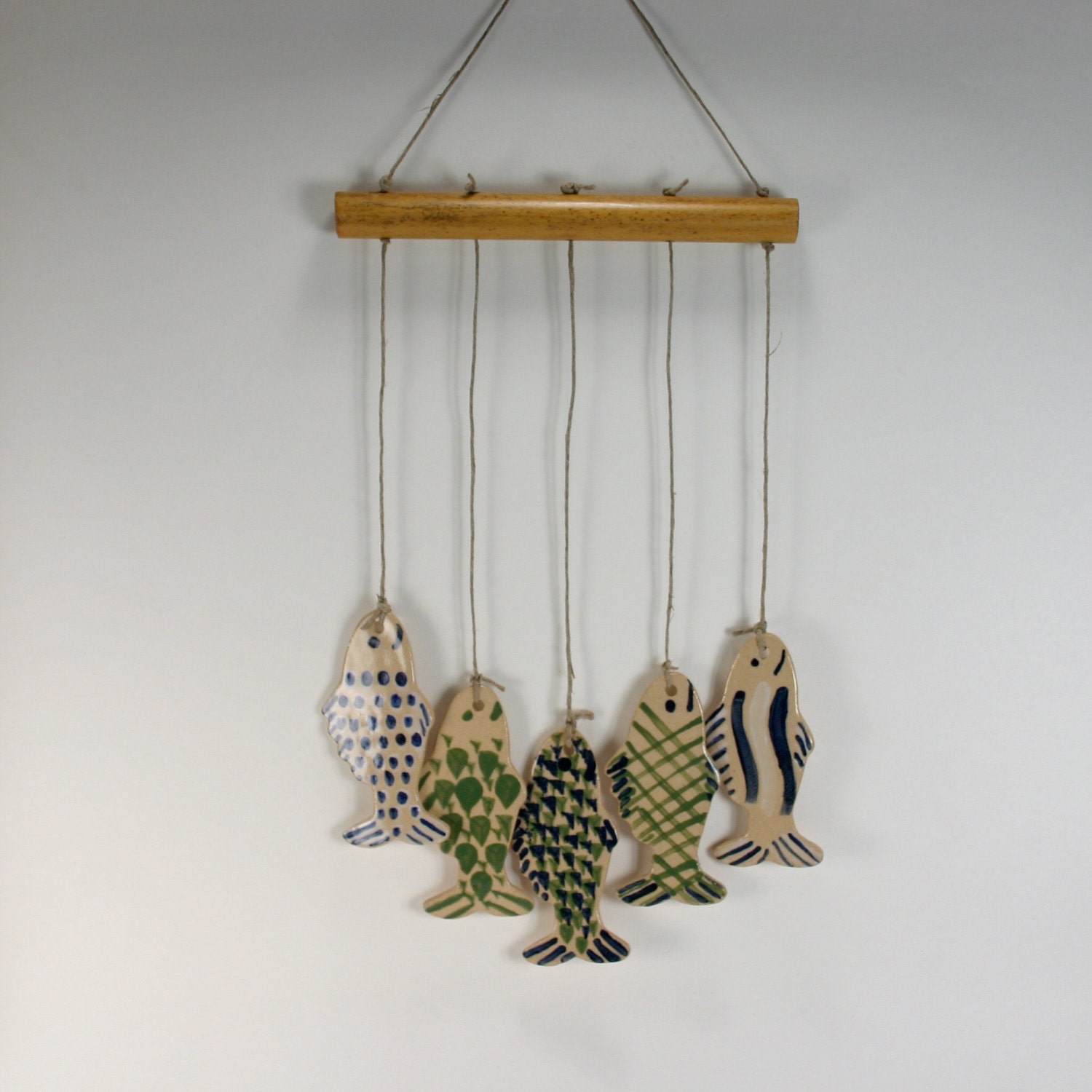 5 Blue and Green Fish Handmade Stoneware Wind Chimes