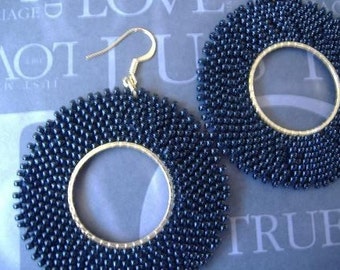 Large Black Hoop Earrings - Big Bold Black Seed Bead Earrings Fashion Jewelry