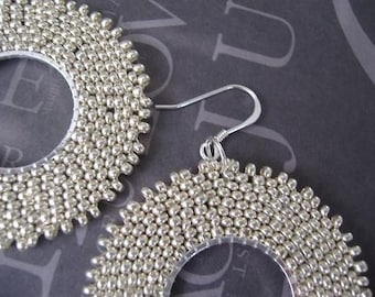 Large Beadwork Hoop Earrings Big Bold Silver Satin Beaded Hoops