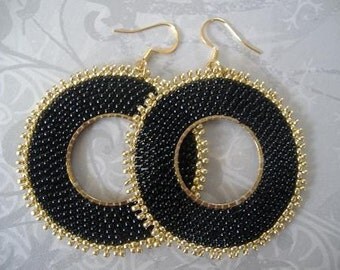 Large Black Hoop Earrings - Big Bold Seed Bead Hoop Earrings
