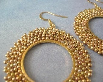 Beadwork Earrings Old Rose Gold Seed Bead Dangle Drop Hoop Earrings