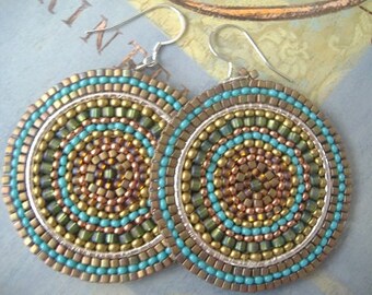 Beaded Turquoise and Ruby Triple Disc Post Earrings by WorkofHeart