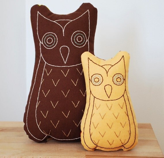 Items similar to large embroidered owl pillow in brown on Etsy