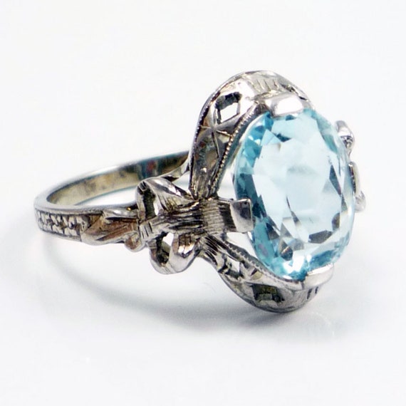 14K 19K Antique Art Deco Sky Blue Topaz Filigree Ring