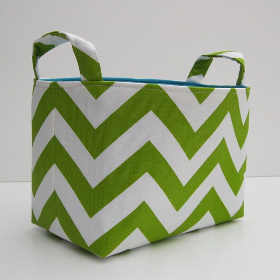 Items similar to Fabric Organizer Storage Bin Container Basket Lime Green and White Chevron