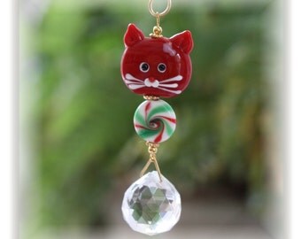 Cute Christmas Kitty Suncatcher/Christmas Ornament with 20mm Austrian Crystal Ball and Handmade Hanger, Car Mirror Ornament, Unique Gifts