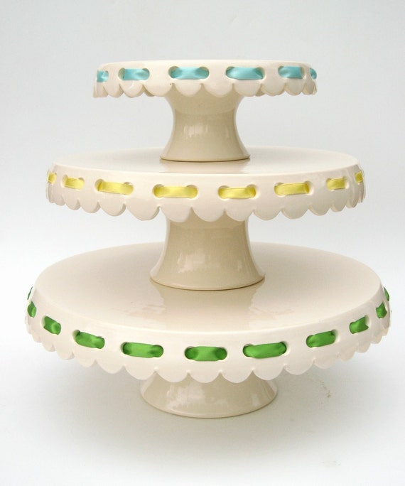 Set of 3 eyelet cake plates with ribbons... MADE TO ORDER.