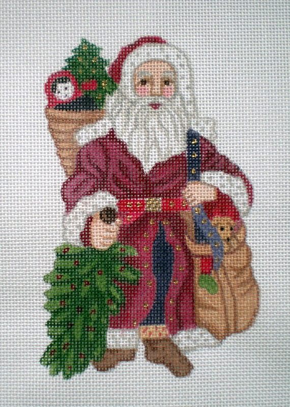 Handpainted Needlepoint Canvas Old World Santa With Two Bags