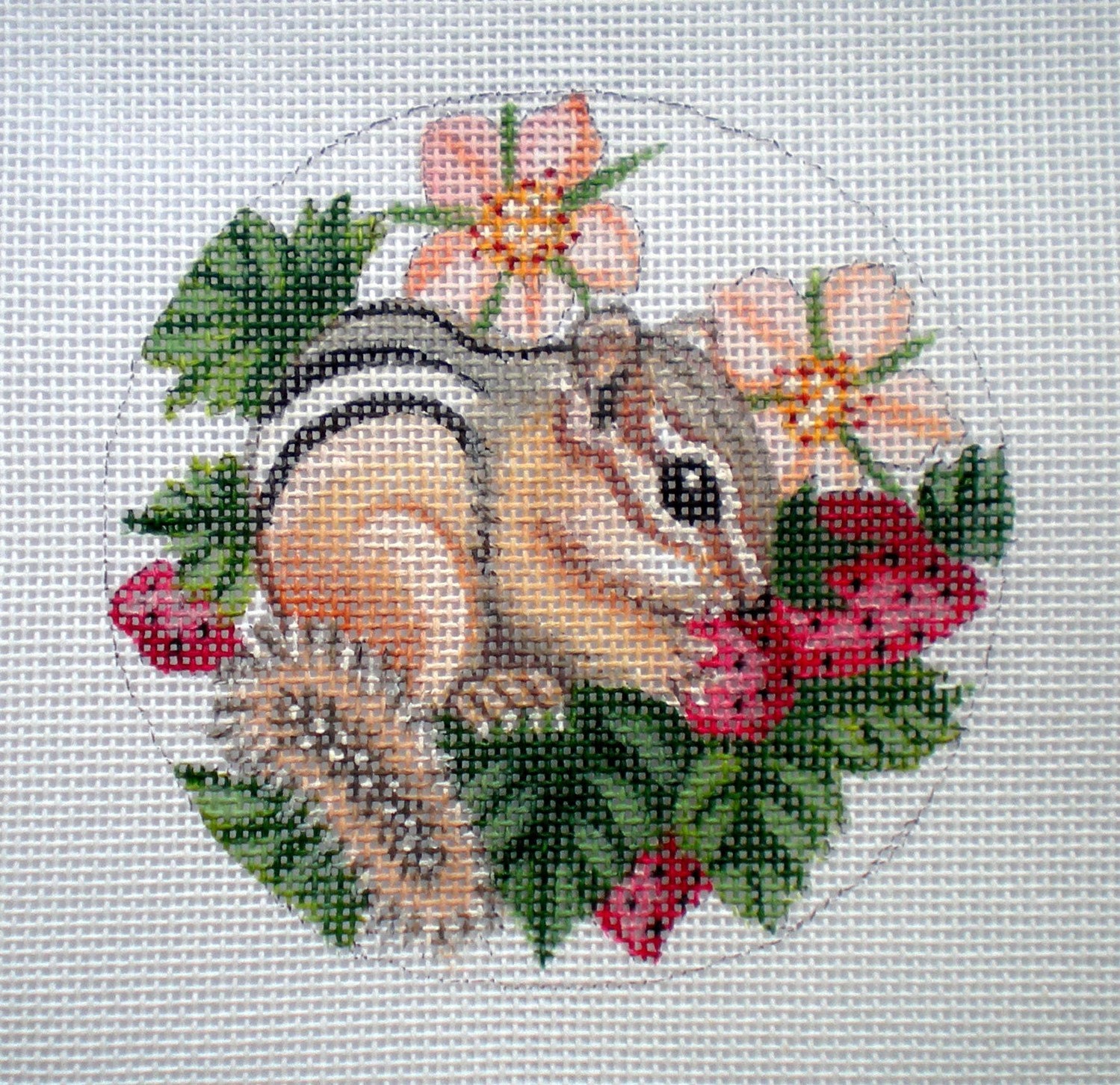 Handpainted Needlepoint Canvas Baby Chipmunk and Strawberries