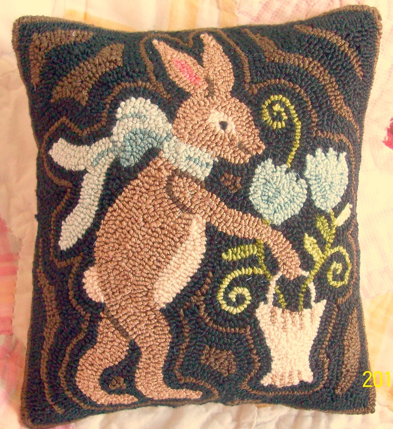 Needle Punch Pillow PATTERN Bunny And Basket Of by thetalkingcrow