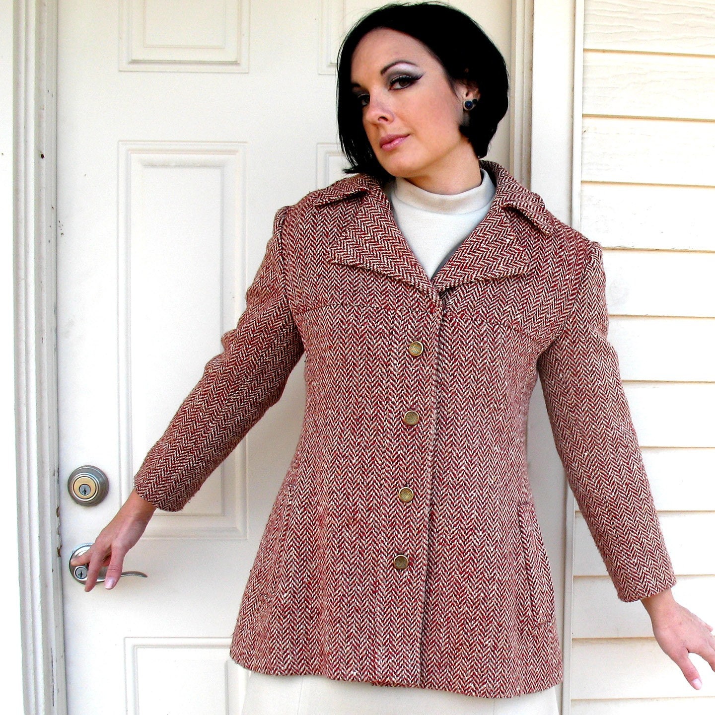 red herringbone coat