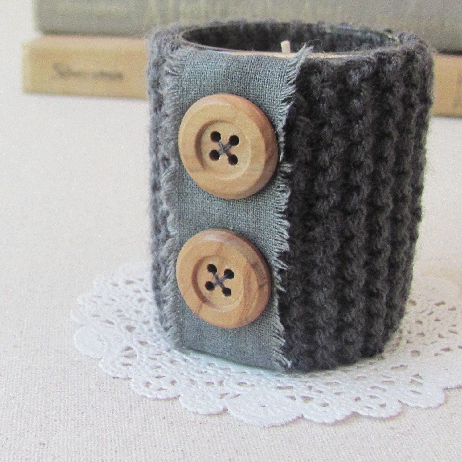 Knit Candle Holder handmade with linen trim and wooden