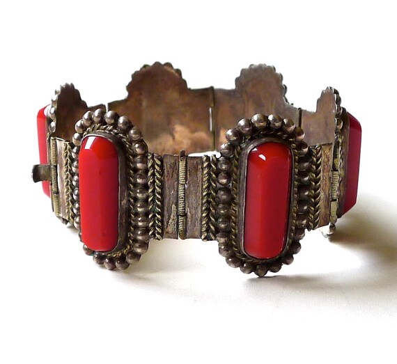 Vintage Mexican Sterling Silver Bracelet with Red Bakelite