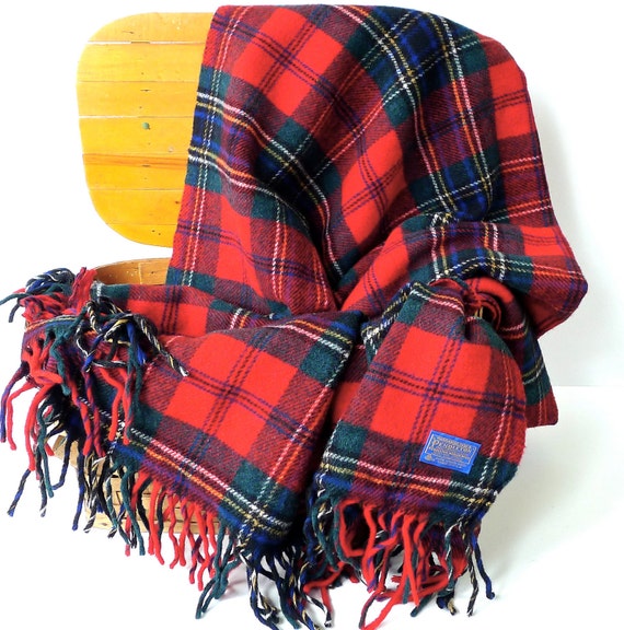 Vintage Pendleton Red Plaid Wool Throw Blanket