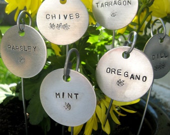 garden markers - hand stamped 1-1/2" round.... set of 5 CHOOSE YOUR OWN