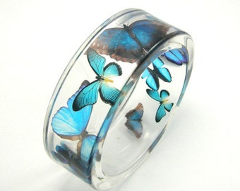 Blue Bracelet, Blue Butterflies in Clear Resin Bangle, Animal Bracelet, Botanical Jewelry