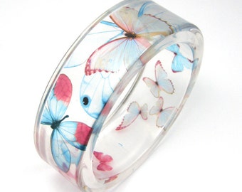 Light blue and pink Butterflies Bracelet - Resin Bangle