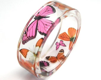 Orange and Pink Butterflies Bracelet - size m, resin Bangle