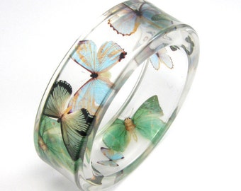 Mint Bracelet, Blue and Green Butterflies in Clear Resin Bangle, Animal Bracelet, Botanical Jewelry