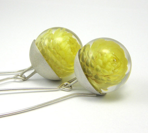 Silver Resin Earrings Yellow Flowers Resin Earrings