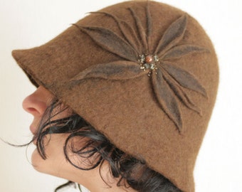 Sepia Brown Cloche Hat -- Hand Felted Wool -- Size Medium / Large