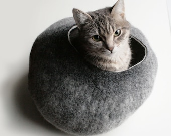 Warm Gray Stone - Hand Felted Wool Cat Bed / Vessel - Crisp Contemporary Design