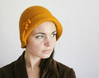 Cute Saffron Cloche Hat -- Hand Felted Wool -- Size Medium / Small