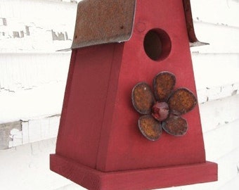 Rustic Cottage Red Birdhouse Metal Flower Industrial Garden Decor